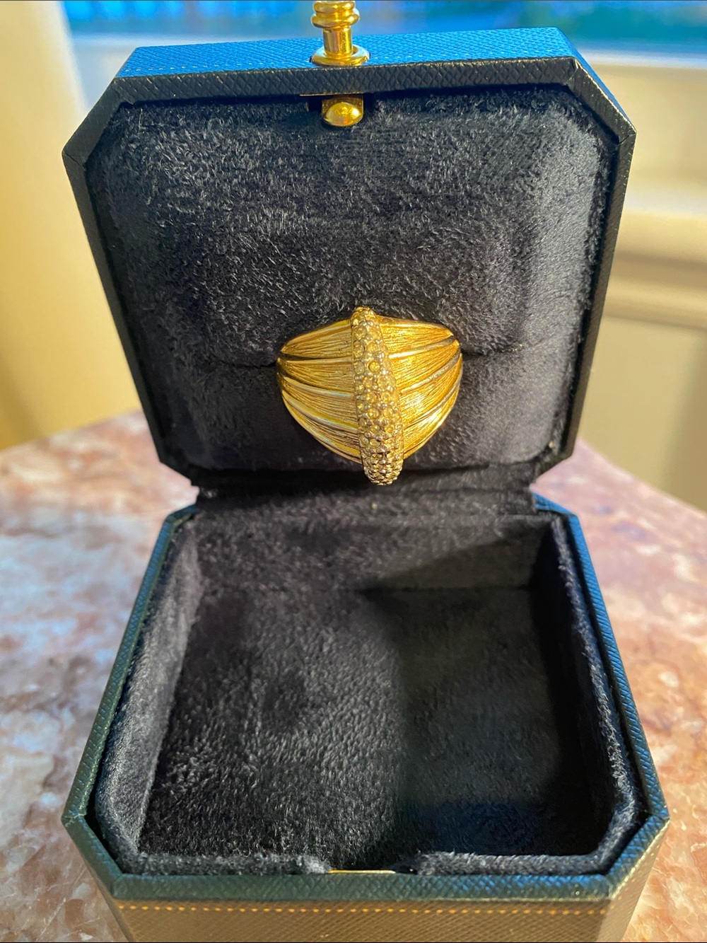 Park Lane Gold Toned Textured Ring with Pavé Clear Rhinestones Accents